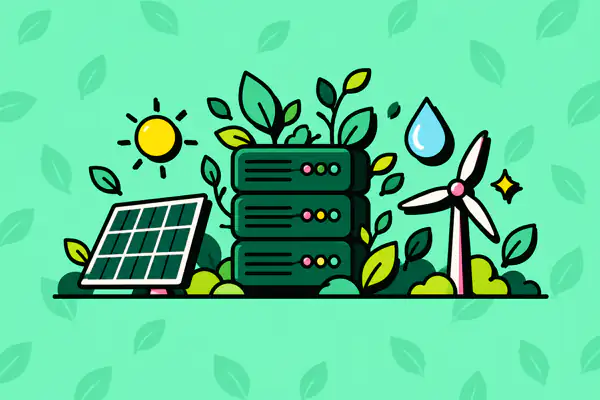 Ilustración de una torre de servidores con plantas, junto a un panel solar y un molino de viento.