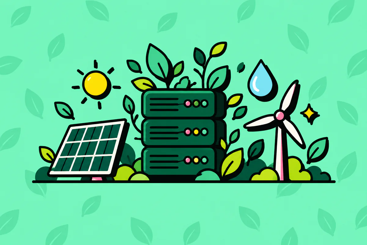 Ilustración de una torre de servidores con plantas, junto a un panel solar y un molino de viento.