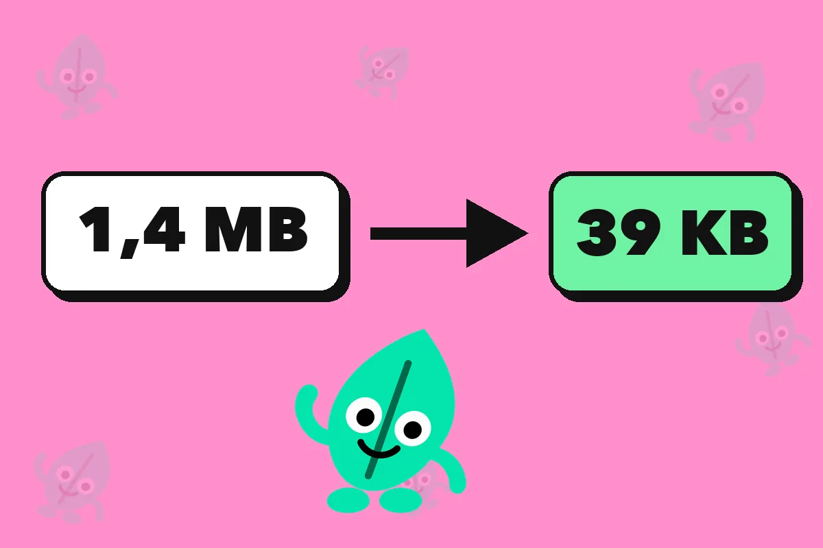 Una caja con el texto 1,4 MB, una flecha y otra caja con el texto 39 KB, junto a la mascota Hojita.