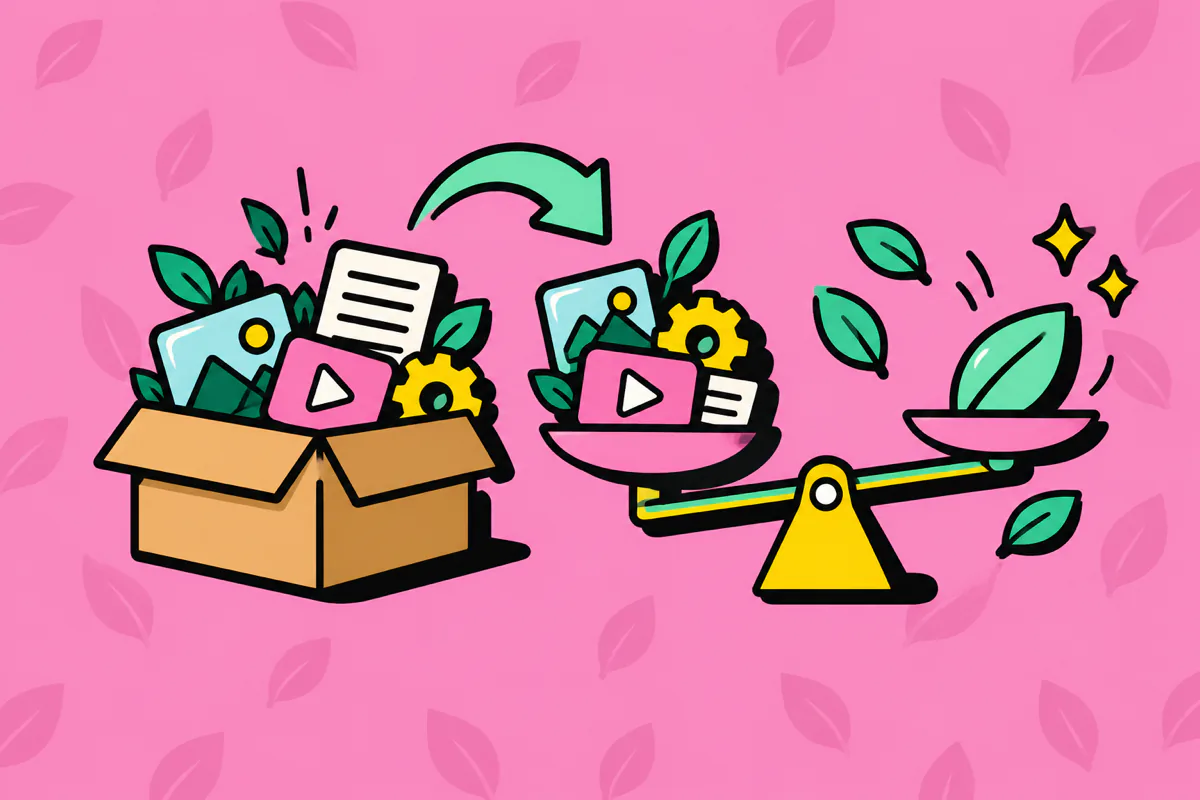 Ilustración de una caja pesada con imágenes, video y engranajes, y una balanza que se inclina hacia una hoja liviana.
